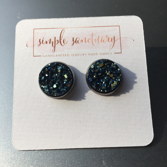 Blue Green Druzy Stone Studs - Picture 1 of 3